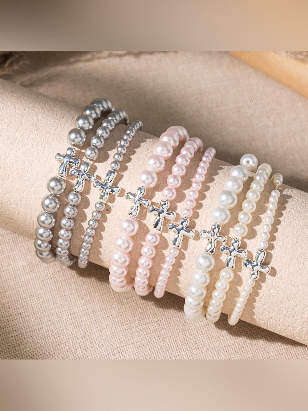 Pearl Bead Cross Stretch Bracelet - Pink, Silver, White